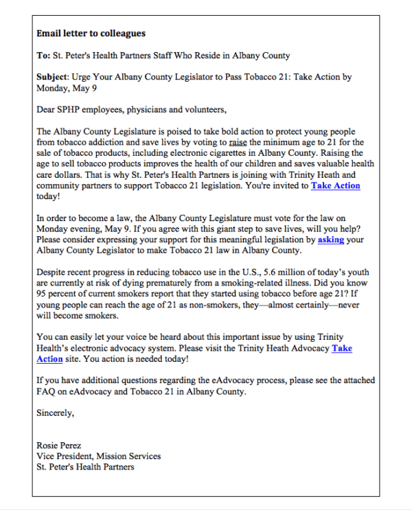 Trinity Health Advocacy Email Example