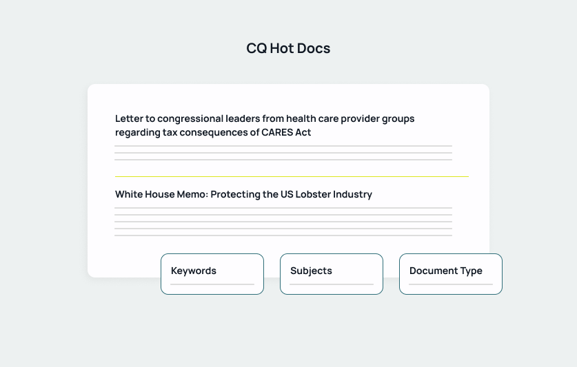 View every bill, vote, draft, transcript or other policy document from Capitol Hill