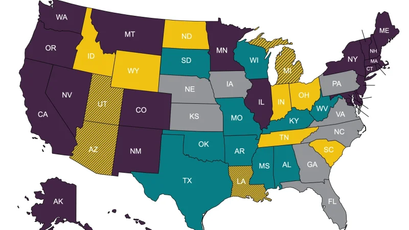 Map of the united states ad their current state of abortion policy.