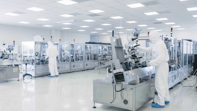 Two technicians in white protective coveralls operate automated production equipment in a bright, sterile high-precision manufacturing facility.