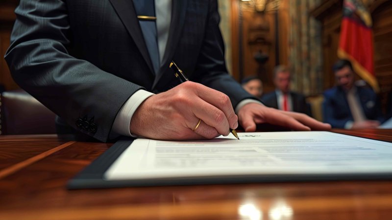 Close-up of an official signing a bill into law at a wooden desk in a state legislative chamber, with lawmakers seated in the background