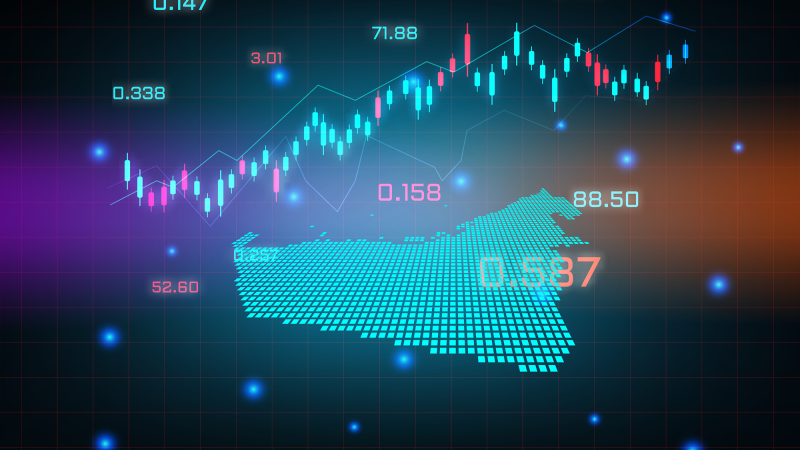 Stock market background with forex trading business graph chart on top of digital concept of United Arab Emirates map.